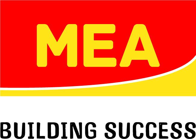 MEA Logo in Rot und Gelb mit dem Slogan „BUILDING SUCCESS“ darunter, Bezug zu Kellerlüftern und Luftaustausch.